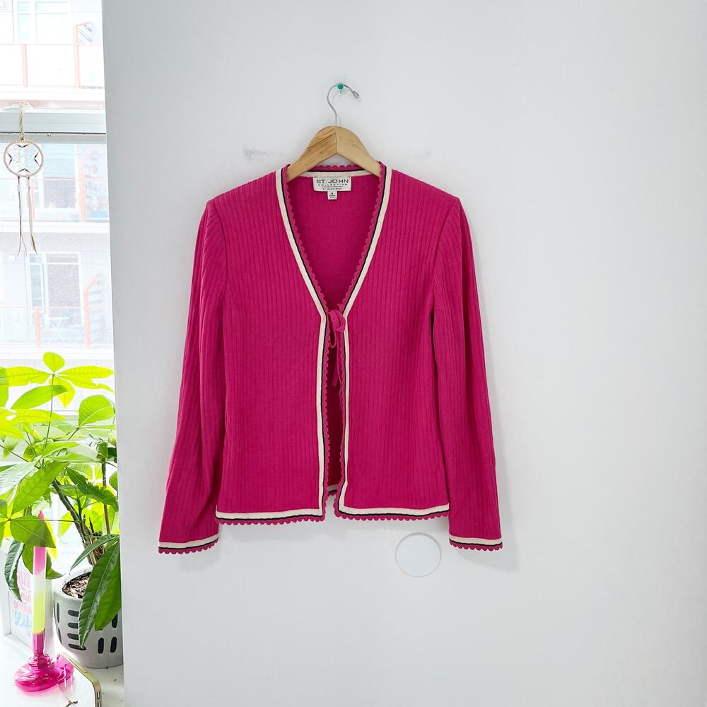 St. John Pink & White Scallop Hem Tie Knit Sweater Size 8